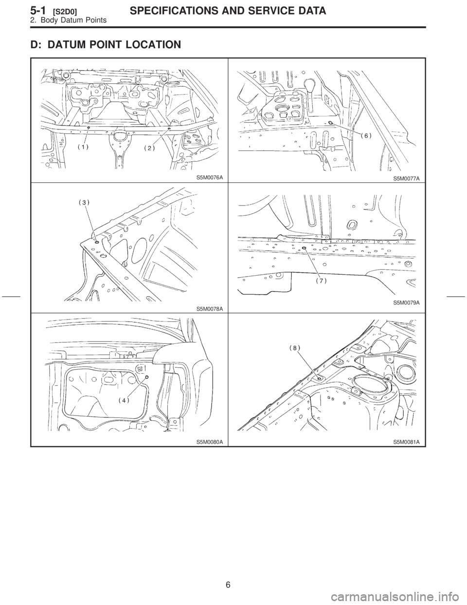 SUBARU FORESTER 1999  Service Repair Manual D: DATUM POINT LOCATION
S5M0076AS5M0077A
S5M0078AS5M0079A
S5M0080AS5M0081A
6
5-1[S2D0]SPECIFICATIONS AND SERVICE DATA
2. Body Datum Points  