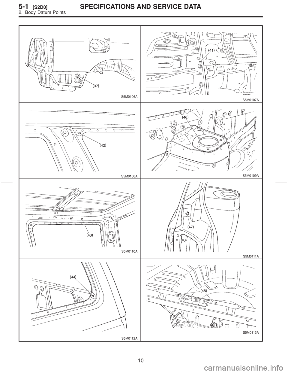 SUBARU FORESTER 1999  Service Repair Manual S5M0106AS5M0107A
S5M0108AS5M0109A
S5M0110A
S5M0111A
S5M0112A
S5M0113A
10
5-1[S2D0]SPECIFICATIONS AND SERVICE DATA
2. Body Datum Points  
