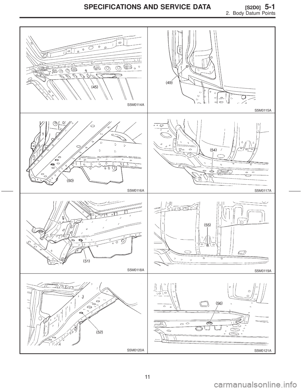 SUBARU FORESTER 1999  Service Repair Manual S5M0114A
S5M0115A
S5M0116AS5M0117A
S5M0118AS5M0119A
S5M0120AS5M0121A
11
[S2D0]5-1SPECIFICATIONS AND SERVICE DATA
2. Body Datum Points  