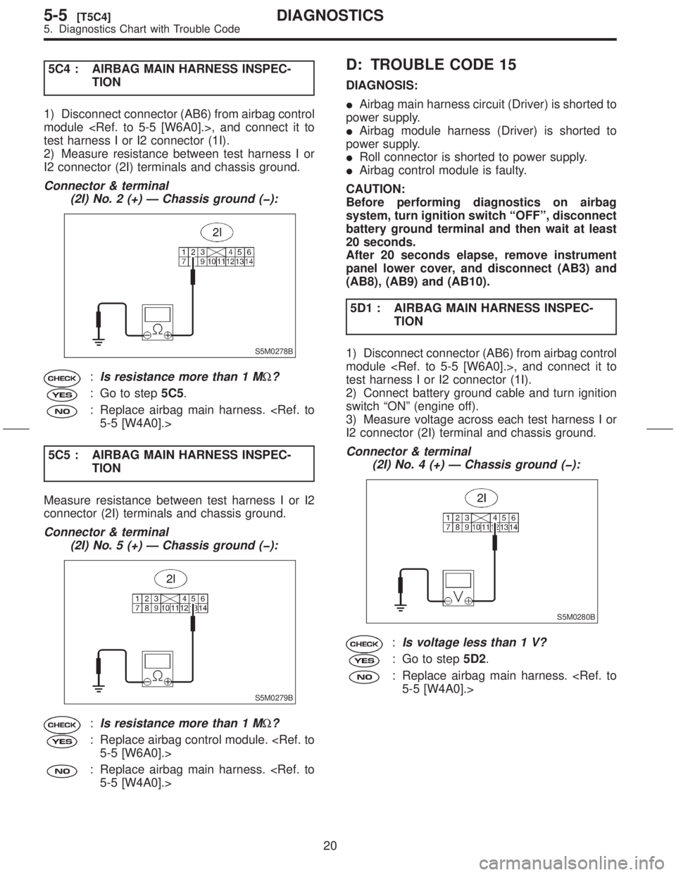 SUBARU FORESTER 1999  Service Repair Manual 5C4 : AIRBAG MAIN HARNESS INSPEC-
TION
1) Disconnect connector (AB6) from airbag control
module <Ref. to 5-5 [W6A0].>, and connect it to
test harness I or I2 connector (1I).
2) Measure resistance betw