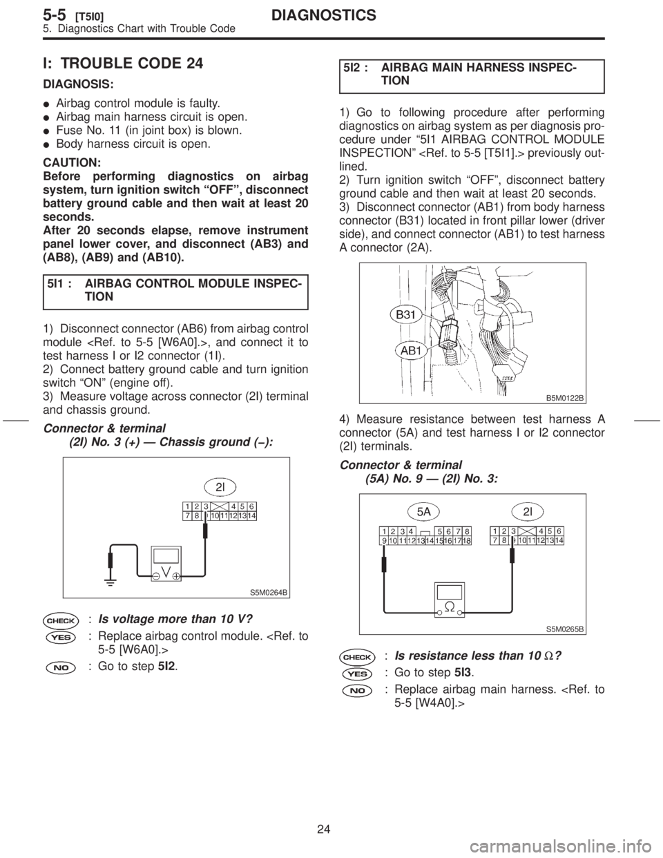 SUBARU FORESTER 1999  Service Repair Manual I: TROUBLE CODE 24
DIAGNOSIS:
IAirbag control module is faulty.
IAirbag main harness circuit is open.
IFuse No. 11 (in joint box) is blown.
IBody harness circuit is open.
CAUTION:
Before performing di