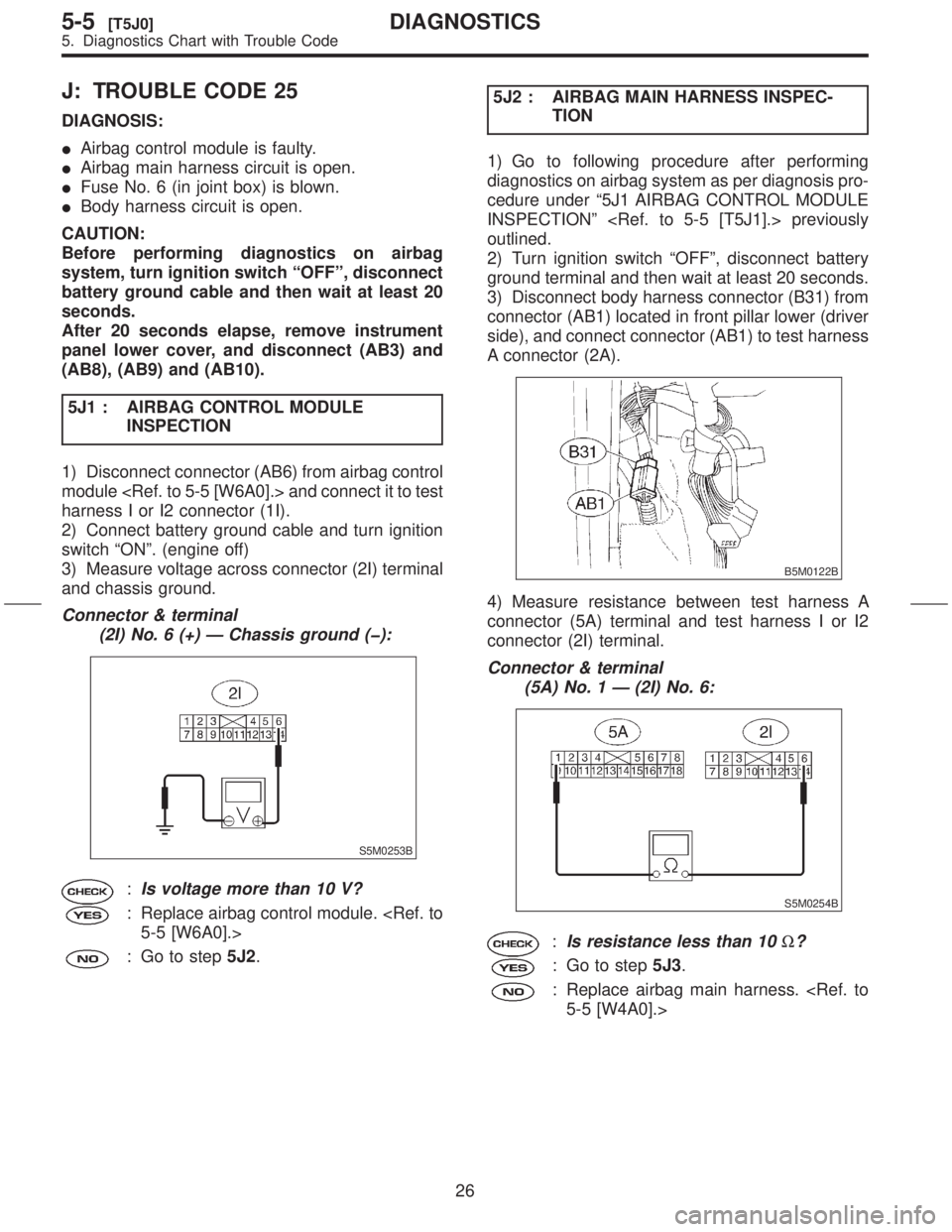 SUBARU FORESTER 1999 Service Repair Manual J: TROUBLE CODE 25
DIAGNOSIS:
IAirbag control module is faulty.
IAirbag main harness circuit is open.
IFuse No. 6 (in joint box) is blown.
IBody harness circuit is open.
CAUTION:
Before performing dia SUBARU FORESTER 1999 Service Repair Manual J: TROUBLE CODE 25
DIAGNOSIS:
IAirbag control module is faulty.
IAirbag main harness circuit is open.
IFuse No. 6 (in joint box) is blown.
IBody harness circuit is open.
CAUTION:
Before performing dia