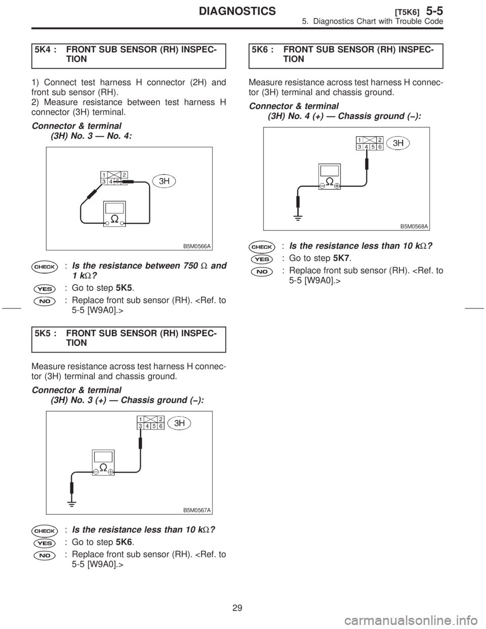 SUBARU FORESTER 1999  Service Repair Manual 5K4 : FRONT SUB SENSOR (RH) INSPEC-
TION
1) Connect test harness H connector (2H) and
front sub sensor (RH).
2) Measure resistance between test harness H
connector (3H) terminal.
Connector & terminal
