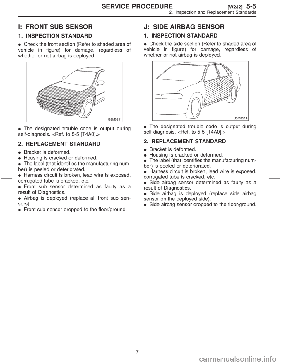 SUBARU FORESTER 1999 Service Repair Manual I: FRONT SUB SENSOR
1. INSPECTION STANDARD
ICheck the front section (Refer to shaded area of
vehicle in figure) for damage, regardless of
whether or not airbag is deployed.
G5M0311
IThe designated tro SUBARU FORESTER 1999 Service Repair Manual I: FRONT SUB SENSOR
1. INSPECTION STANDARD
ICheck the front section (Refer to shaded area of
vehicle in figure) for damage, regardless of
whether or not airbag is deployed.
G5M0311
IThe designated tro