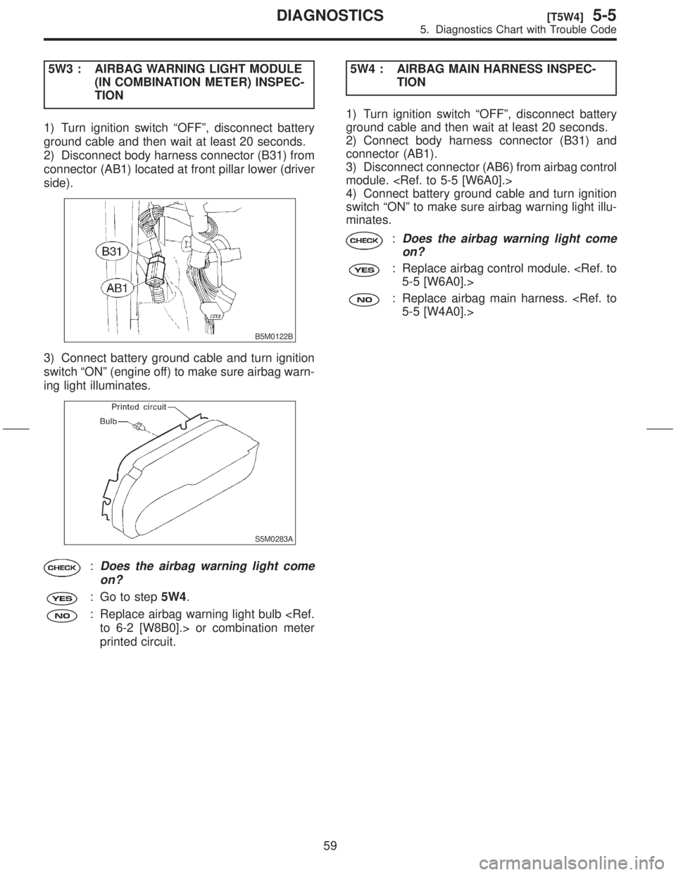 SUBARU FORESTER 1999 Service Repair Manual 5W3 : AIRBAG WARNING LIGHT MODULE
(IN COMBINATION METER) INSPEC-
TION
1) Turn ignition switch ªOFFº, disconnect battery
ground cable and then wait at least 20 seconds.
2) Disconnect body harness con SUBARU FORESTER 1999 Service Repair Manual 5W3 : AIRBAG WARNING LIGHT MODULE
(IN COMBINATION METER) INSPEC-
TION
1) Turn ignition switch ªOFFº, disconnect battery
ground cable and then wait at least 20 seconds.
2) Disconnect body harness con