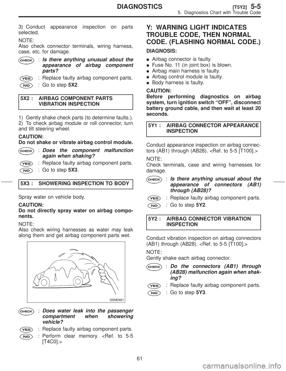 SUBARU FORESTER 1999 Service Repair Manual 3) Conduct appearance inspection on parts
selected.
NOTE:
Also check connector terminals, wiring harness,
case, etc. for damage.
:Is there anything unusual about the
appearance of airbag component
par SUBARU FORESTER 1999 Service Repair Manual 3) Conduct appearance inspection on parts
selected.
NOTE:
Also check connector terminals, wiring harness,
case, etc. for damage.
:Is there anything unusual about the
appearance of airbag component
par