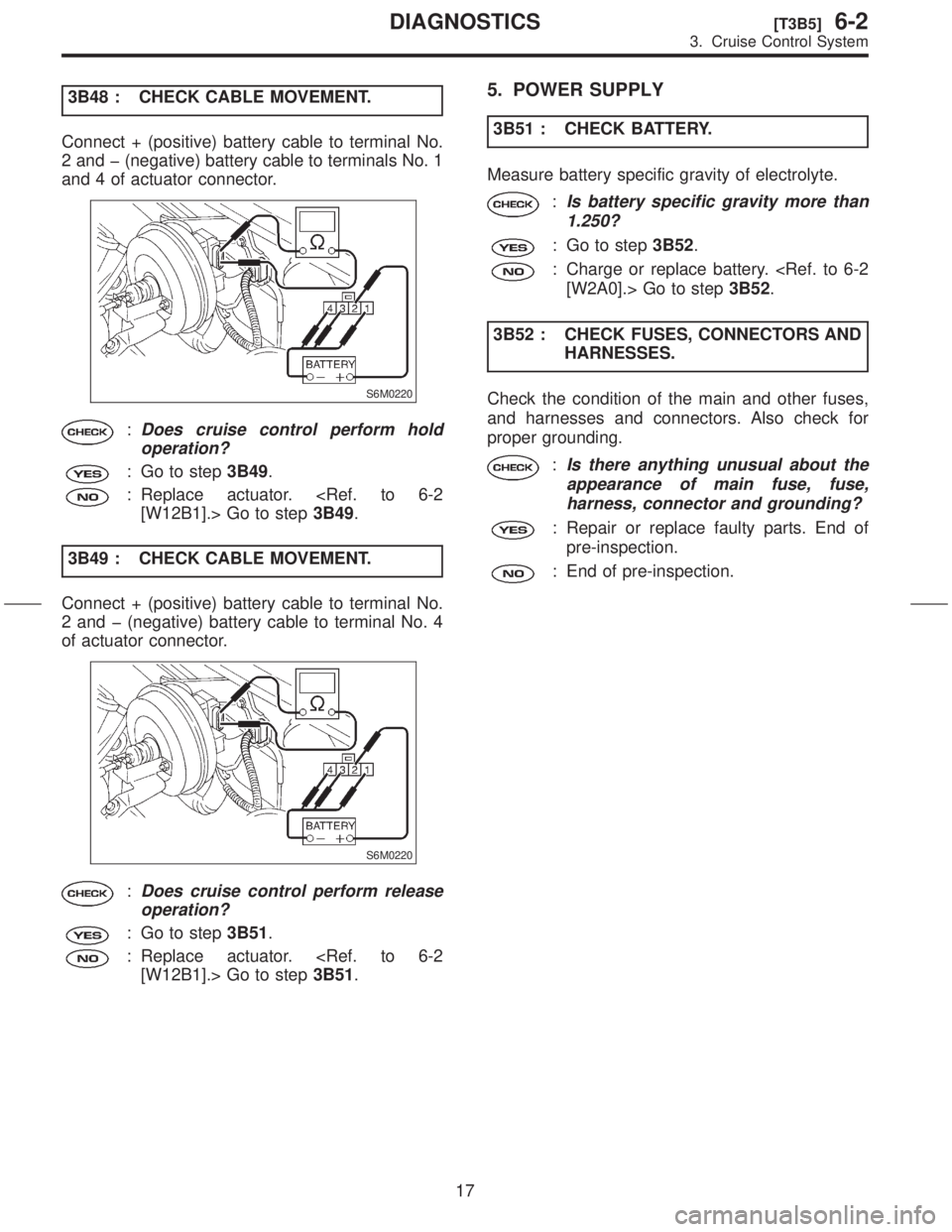 SUBARU FORESTER 1999 Service Repair Manual 3B48 : CHECK CABLE MOVEMENT.
Connect + (positive) battery cable to terminal No.
2 and þ (negative) battery cable to terminals No. 1
and 4 of actuator connector.
S6M0220
:Does cruise control perform h SUBARU FORESTER 1999 Service Repair Manual 3B48 : CHECK CABLE MOVEMENT.
Connect + (positive) battery cable to terminal No.
2 and þ (negative) battery cable to terminals No. 1
and 4 of actuator connector.
S6M0220
:Does cruise control perform h