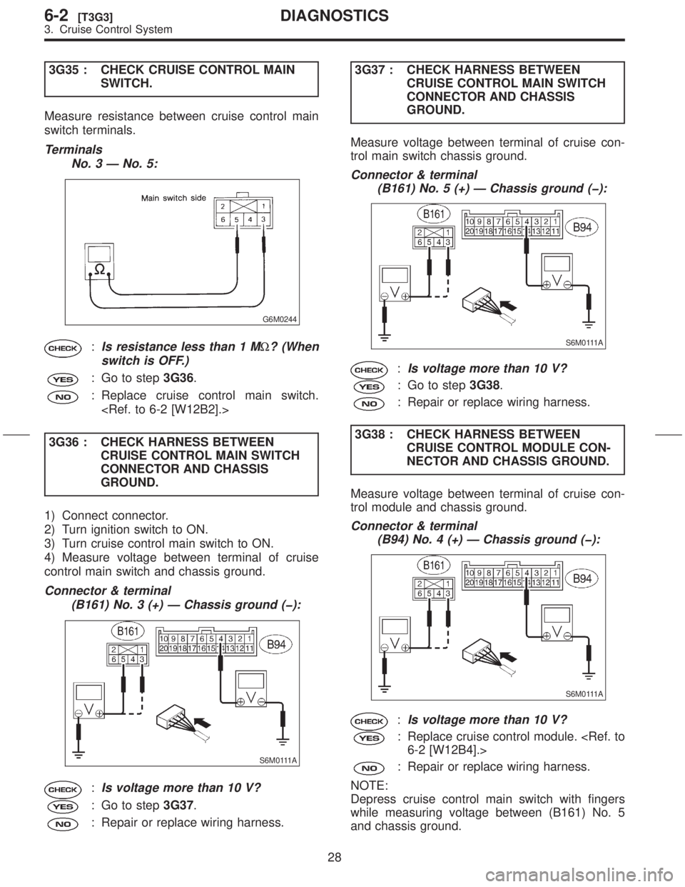 SUBARU FORESTER 1999 Service Repair Manual 3G35 : CHECK CRUISE CONTROL MAIN
SWITCH.
Measure resistance between cruise control main
switch terminals.
Terminals
No. 3 Ð No. 5:
G6M0244
:Is resistance less than 1 MW? (When
switch is OFF.)
: Go to SUBARU FORESTER 1999 Service Repair Manual 3G35 : CHECK CRUISE CONTROL MAIN
SWITCH.
Measure resistance between cruise control main
switch terminals.
Terminals
No. 3 Ð No. 5:
G6M0244
:Is resistance less than 1 MW? (When
switch is OFF.)
: Go to
