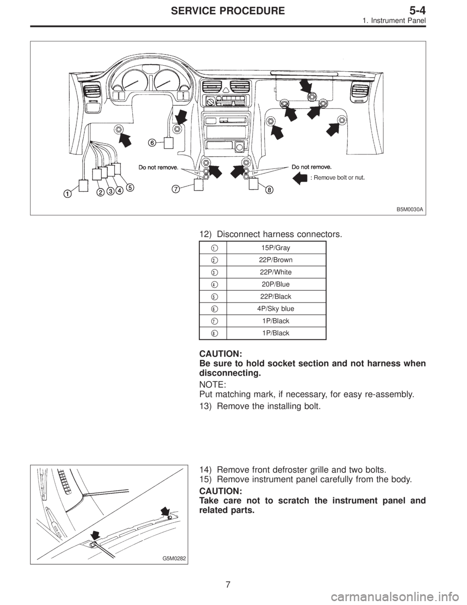 SUBARU LEGACY 1995  Service Repair Manual B5M0030A
12) Disconnect harness connectors.
115P/Gray

222P/Brown

322P/White

420P/Blue

522P/Black

64P/Sky blue

71P/Black

81P/Black
CAUTION:
Be sure to hold socket section and not harness