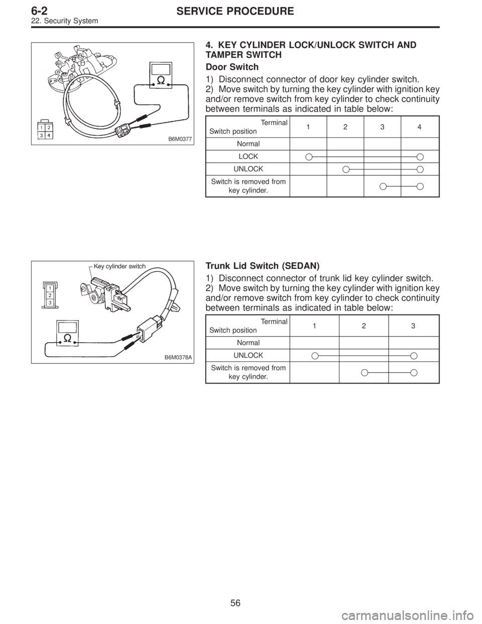 SUBARU LEGACY 1995  Service Repair Manual B6M0377
4. KEY CYLINDER LOCK/UNLOCK SWITCH AND
TAMPER SWITCH
Door Switch
1) Disconnect connector of door key cylinder switch.
2) Move switch by turning the key cylinder with ignition key
and/or remove