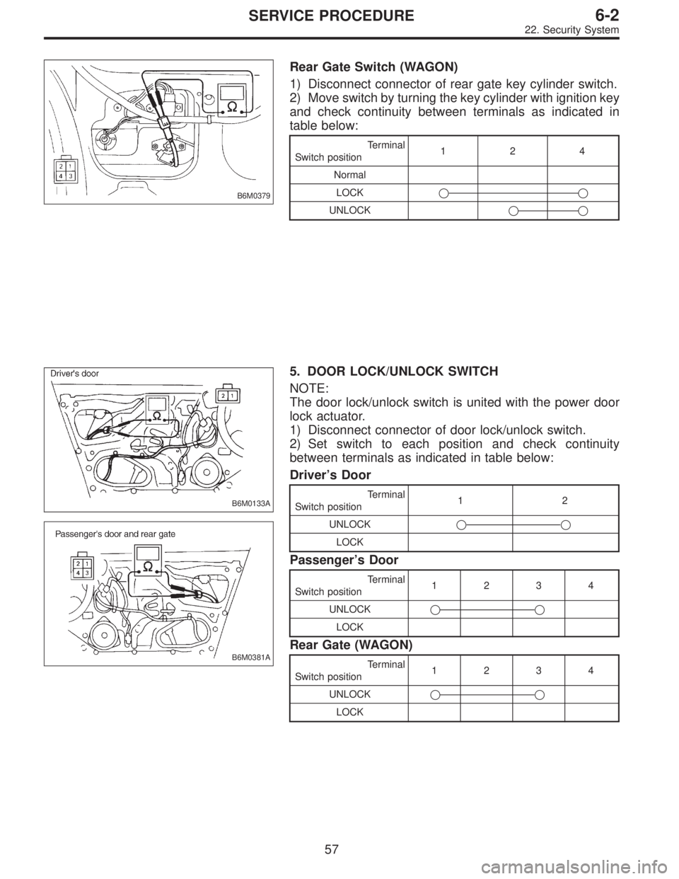 SUBARU LEGACY 1995  Service Repair Manual B6M0379
Rear Gate Switch (WAGON)
1) Disconnect connector of rear gate key cylinder switch.
2) Move switch by turning the key cylinder with ignition key
and check continuity between terminals as indica