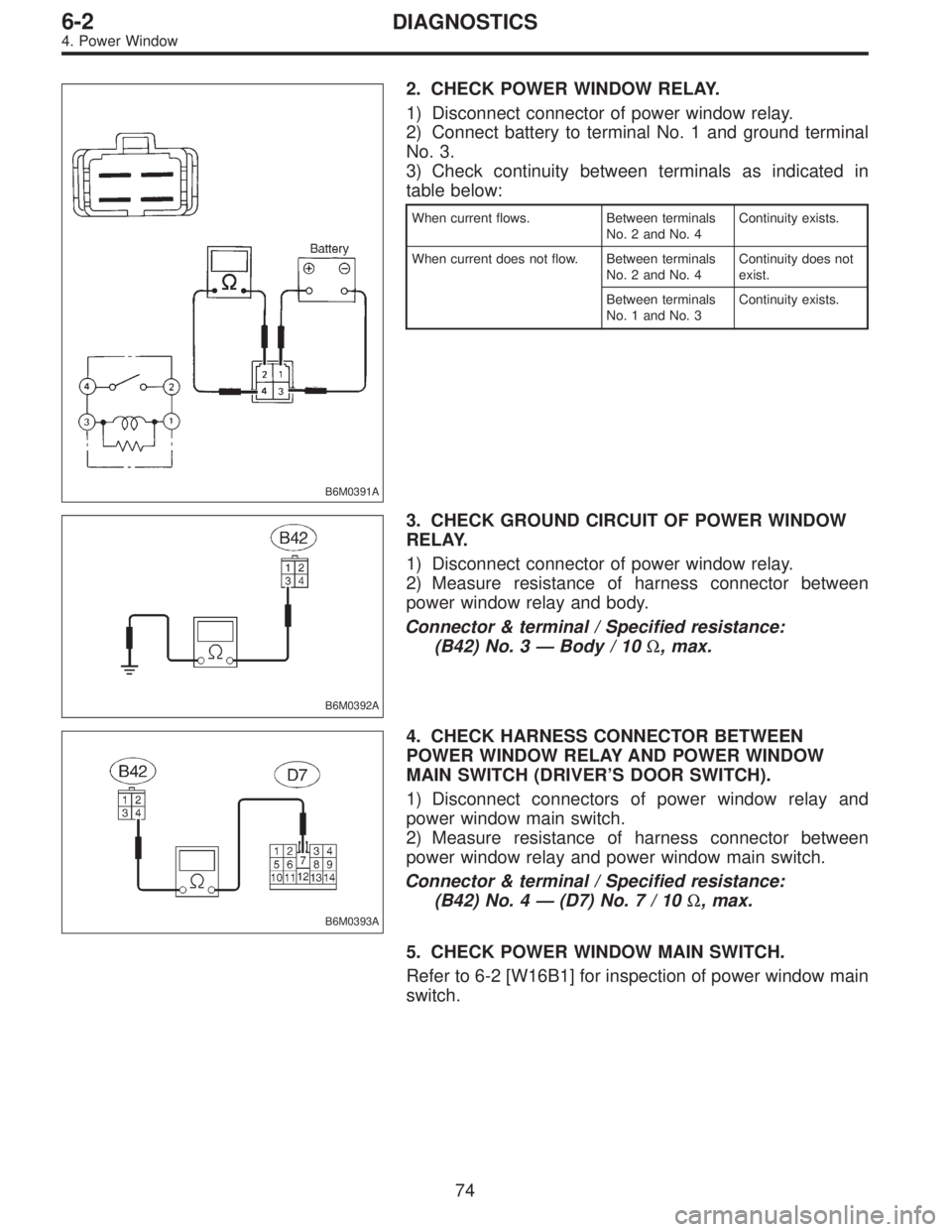 SUBARU LEGACY 1995  Service Repair Manual B6M0391A
2. CHECK POWER WINDOW RELAY.
1) Disconnect connector of power window relay.
2) Connect battery to terminal No. 1 and ground terminal
No. 3.
3) Check continuity between terminals as indicated 
