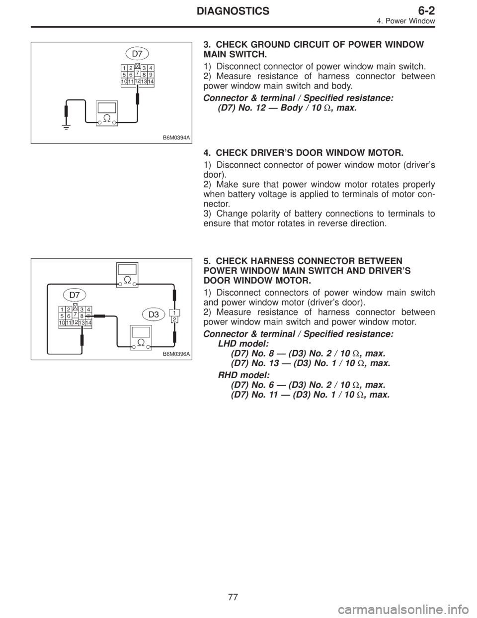 SUBARU LEGACY 1995  Service Repair Manual B6M0394A
3. CHECK GROUND CIRCUIT OF POWER WINDOW
MAIN SWITCH.
1) Disconnect connector of power window main switch.
2) Measure resistance of harness connector between
power window main switch and body.