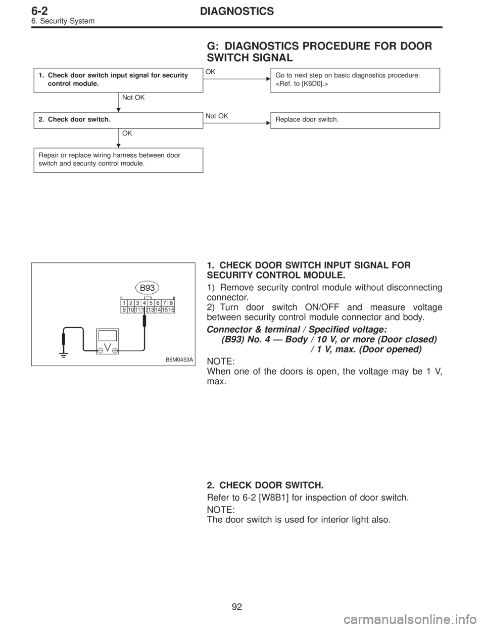 SUBARU LEGACY 1995  Service Repair Manual G: DIAGNOSTICS PROCEDURE FOR DOOR
SWITCH SIGNAL
1. Check door switch input signal for security
control module.
Not OK
OK
Go to next step on basic diagnostics procedure.
<Ref. to [K6D0].>
2. Check doo