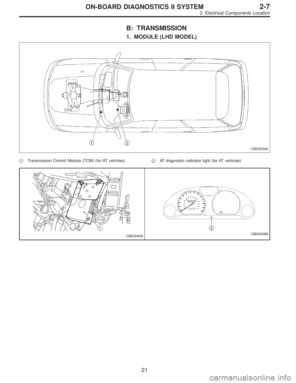 SUBARU LEGACY 1995  Service Repair Manual B: TRANSMISSION
1. MODULE (LHD MODEL)
OBD0039A
1Transmission Control Module (TCM) (for AT vehicles)2AT diagnostic indicator light (for AT vehicles)
OBD0040AOBD0008B
21
2-7ON-BOARD DIAGNOSTICS II SYS