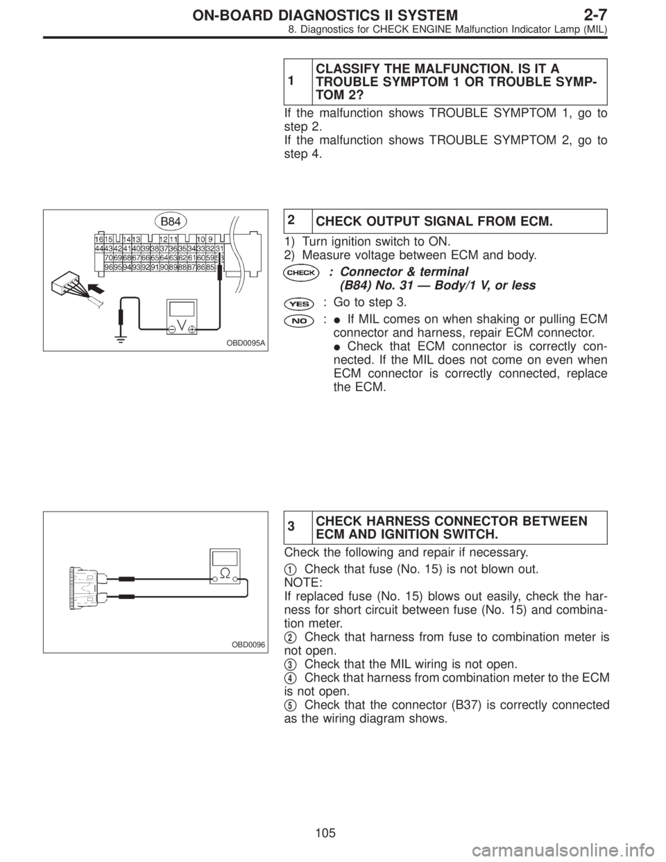 SUBARU LEGACY 1995 Service Repair Manual 1CLASSIFY THE MALFUNCTION. IS IT A
TROUBLE SYMPTOM 1 OR TROUBLE SYMP-
TOM 2?
If the malfunction shows TROUBLE SYMPTOM 1, go to
step 2.
If the malfunction shows TROUBLE SYMPTOM 2, go to
step 4.
OBD0095 SUBARU LEGACY 1995 Service Repair Manual 1CLASSIFY THE MALFUNCTION. IS IT A
TROUBLE SYMPTOM 1 OR TROUBLE SYMP-
TOM 2?
If the malfunction shows TROUBLE SYMPTOM 1, go to
step 2.
If the malfunction shows TROUBLE SYMPTOM 2, go to
step 4.
OBD0095
