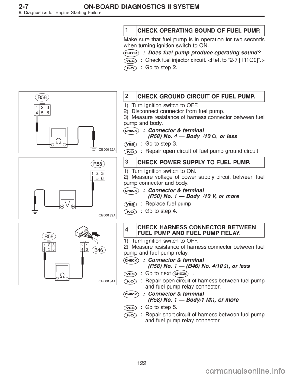 SUBARU LEGACY 1995 Service Repair Manual 1
CHECK OPERATING SOUND OF FUEL PUMP.
Make sure that fuel pump is in operation for two seconds
when turning ignition switch to ON.
: Does fuel pump produce operating sound?
: Check fuel injector circu SUBARU LEGACY 1995 Service Repair Manual 1
CHECK OPERATING SOUND OF FUEL PUMP.
Make sure that fuel pump is in operation for two seconds
when turning ignition switch to ON.
: Does fuel pump produce operating sound?
: Check fuel injector circu