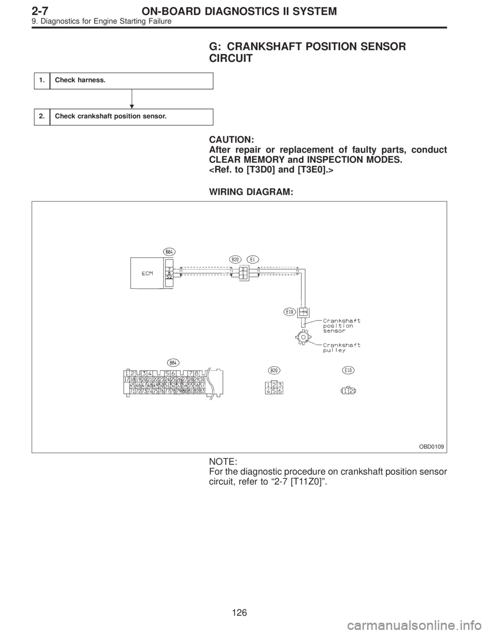 SUBARU LEGACY 1995  Service Repair Manual G: CRANKSHAFT POSITION SENSOR
CIRCUIT
1.Check harness.
2.Check crankshaft position sensor.
CAUTION:
After repair or replacement of faulty parts, conduct
CLEAR MEMORY and INSPECTION MODES.
<Ref. to [T3