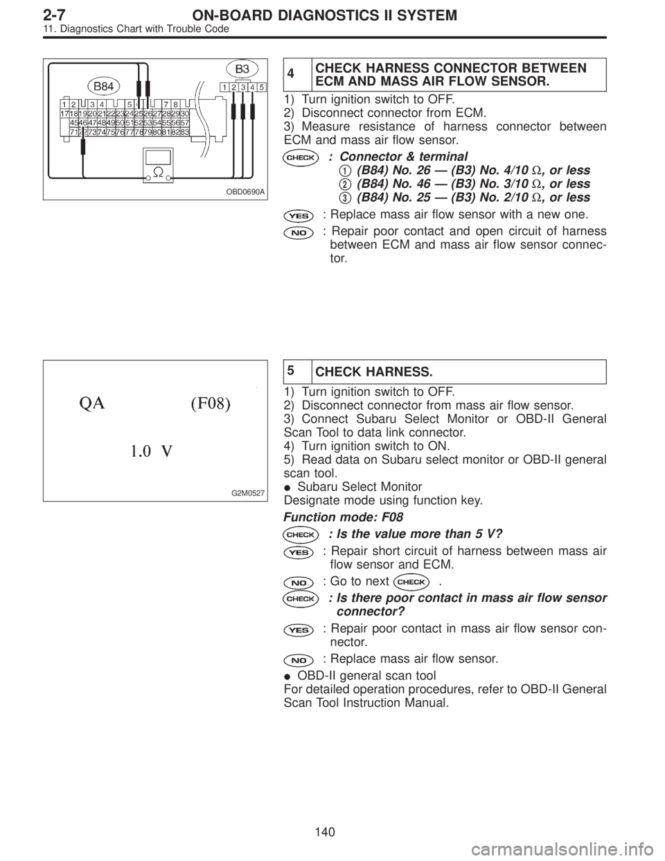 SUBARU LEGACY 1995 Service Repair Manual OBD0690A
4CHECK HARNESS CONNECTOR BETWEEN
ECM AND MASS AIR FLOW SENSOR.
1) Turn ignition switch to OFF.
2) Disconnect connector from ECM.
3) Measure resistance of harness connector between
ECM and mas SUBARU LEGACY 1995 Service Repair Manual OBD0690A
4CHECK HARNESS CONNECTOR BETWEEN
ECM AND MASS AIR FLOW SENSOR.
1) Turn ignition switch to OFF.
2) Disconnect connector from ECM.
3) Measure resistance of harness connector between
ECM and mas