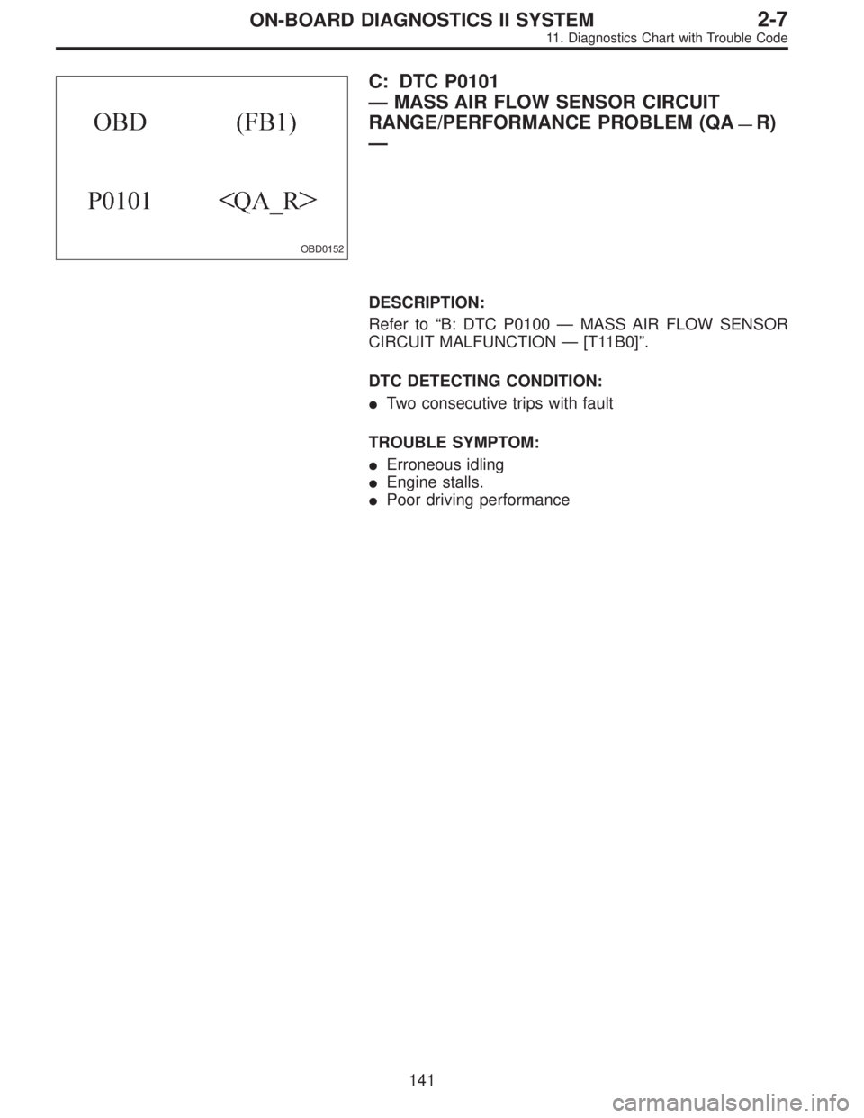 SUBARU LEGACY 1995  Service Repair Manual OBD0152
C: DTC P0101
—MASS AIR FLOW SENSOR CIRCUIT
RANGE/PERFORMANCE PROBLEM (QA
—R)
—
DESCRIPTION:
Refer to“B: DTC P0100—MASS AIR FLOW SENSOR
CIRCUIT MALFUNCTION—[T11B0]”.
DTC DETECTING