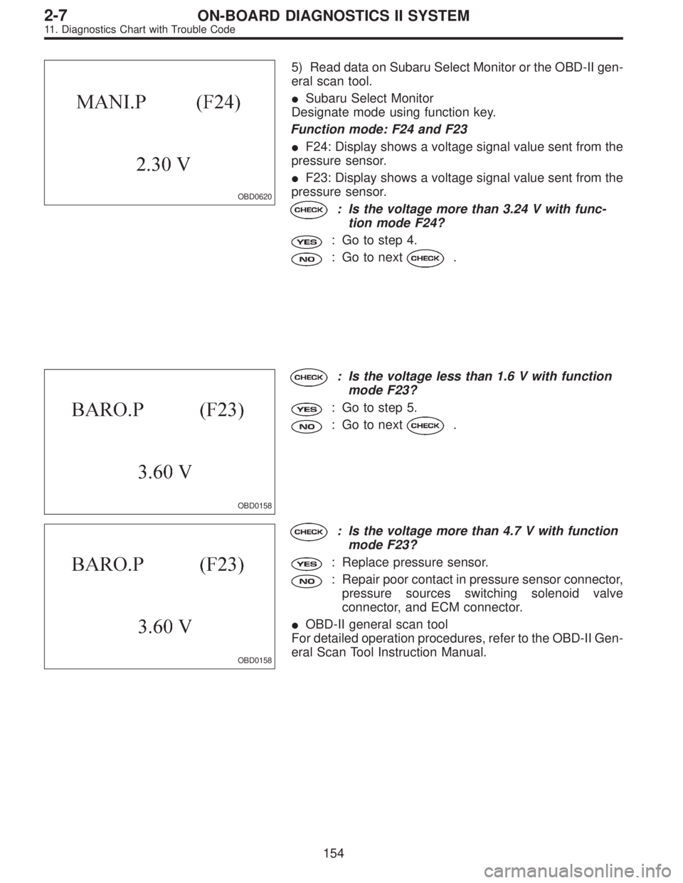 SUBARU LEGACY 1995  Service Repair Manual OBD0620
5) Read data on Subaru Select Monitor or the OBD-II gen-
eral scan tool.
Subaru Select Monitor
Designate mode using function key.
Function mode: F24 and F23
F24: Display shows a voltage sign