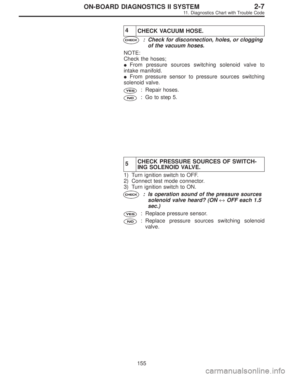 SUBARU LEGACY 1995  Service Repair Manual 4
CHECK VACUUM HOSE.
: Check for disconnection, holes, or clogging
of the vacuum hoses.
NOTE:
Check the hoses;
From pressure sources switching solenoid valve to
intake manifold.
From pressure sensor