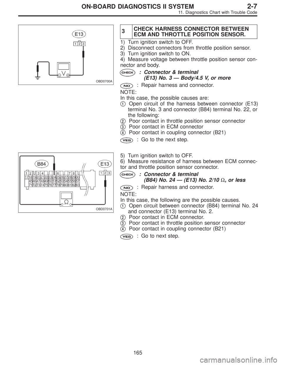 SUBARU LEGACY 1995  Service Repair Manual OBD0700A
3CHECK HARNESS CONNECTOR BETWEEN
ECM AND THROTTLE POSITION SENSOR.
1) Turn ignition switch to OFF.
2) Disconnect connectors from throttle position sensor.
3) Turn ignition switch to ON.
4) Me