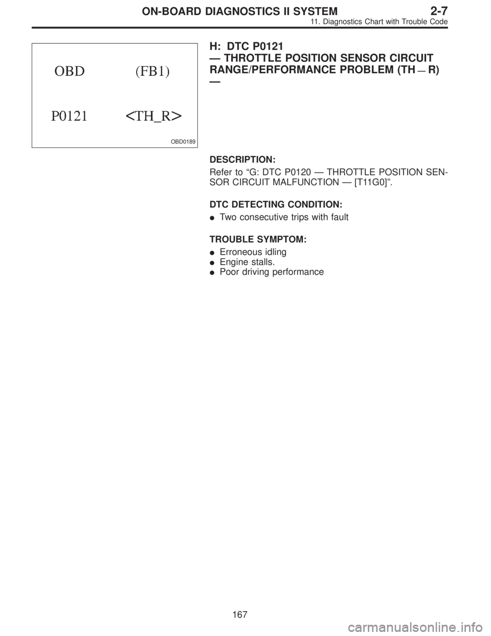 SUBARU LEGACY 1995  Service Repair Manual OBD0189
H: DTC P0121
—THROTTLE POSITION SENSOR CIRCUIT
RANGE/PERFORMANCE PROBLEM (TH
—R)
—
DESCRIPTION:
Refer to“G: DTC P0120—THROTTLE POSITION SEN-
SOR CIRCUIT MALFUNCTION—[T11G0]”.
DTC