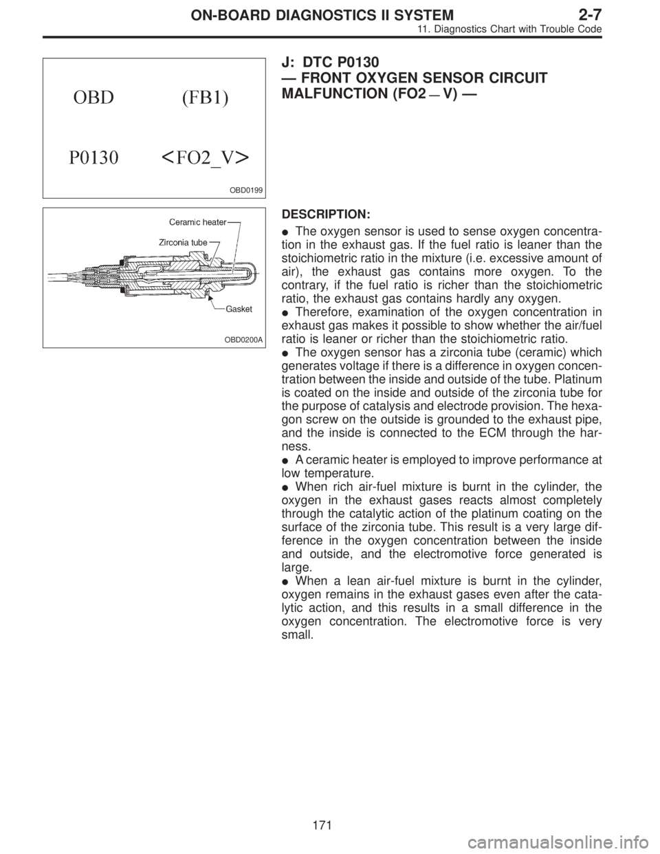 SUBARU LEGACY 1995 Service Repair Manual OBD0199
J: DTC P0130
—FRONT OXYGEN SENSOR CIRCUIT
MALFUNCTION (FO2
—V)—
OBD0200A
DESCRIPTION:
The oxygen sensor is used to sense oxygen concentra-
tion in the exhaust gas. If the fuel ratio is SUBARU LEGACY 1995 Service Repair Manual OBD0199
J: DTC P0130
—FRONT OXYGEN SENSOR CIRCUIT
MALFUNCTION (FO2
—V)—
OBD0200A
DESCRIPTION:
The oxygen sensor is used to sense oxygen concentra-
tion in the exhaust gas. If the fuel ratio is