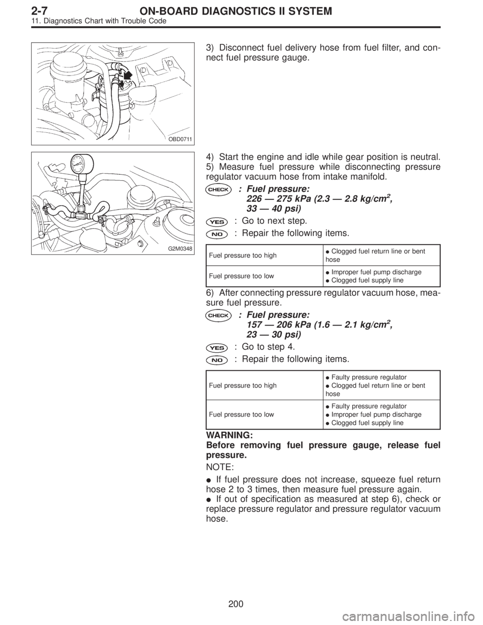 SUBARU LEGACY 1995 Service Repair Manual OBD0711
3) Disconnect fuel delivery hose from fuel filter, and con-
nect fuel pressure gauge.
G2M0348
4) Start the engine and idle while gear position is neutral.
5) Measure fuel pressure while discon SUBARU LEGACY 1995 Service Repair Manual OBD0711
3) Disconnect fuel delivery hose from fuel filter, and con-
nect fuel pressure gauge.
G2M0348
4) Start the engine and idle while gear position is neutral.
5) Measure fuel pressure while discon