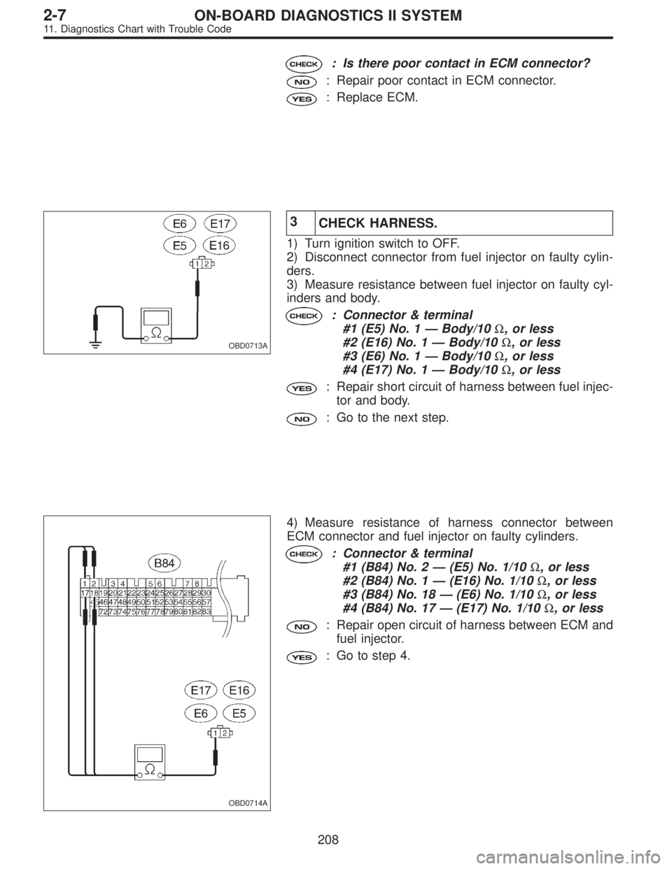 SUBARU LEGACY 1995 Service Repair Manual : Is there poor contact in ECM connector?
: Repair poor contact in ECM connector.
: Replace ECM.
OBD0713A
3
CHECK HARNESS.
1) Turn ignition switch to OFF.
2) Disconnect connector from fuel injector on SUBARU LEGACY 1995 Service Repair Manual : Is there poor contact in ECM connector?
: Repair poor contact in ECM connector.
: Replace ECM.
OBD0713A
3
CHECK HARNESS.
1) Turn ignition switch to OFF.
2) Disconnect connector from fuel injector on