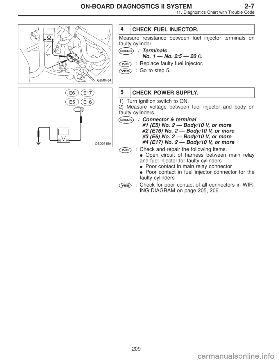 SUBARU LEGACY 1995  Service Repair Manual G2M0464
4
CHECK FUEL INJECTOR.
Measure resistance between fuel injector terminals on
faulty cylinder.
: Terminals
No. 1—No. 2/5—20Ω
: Replace faulty fuel injector.
: Go to step 5.
OBD0715A
5
CHE