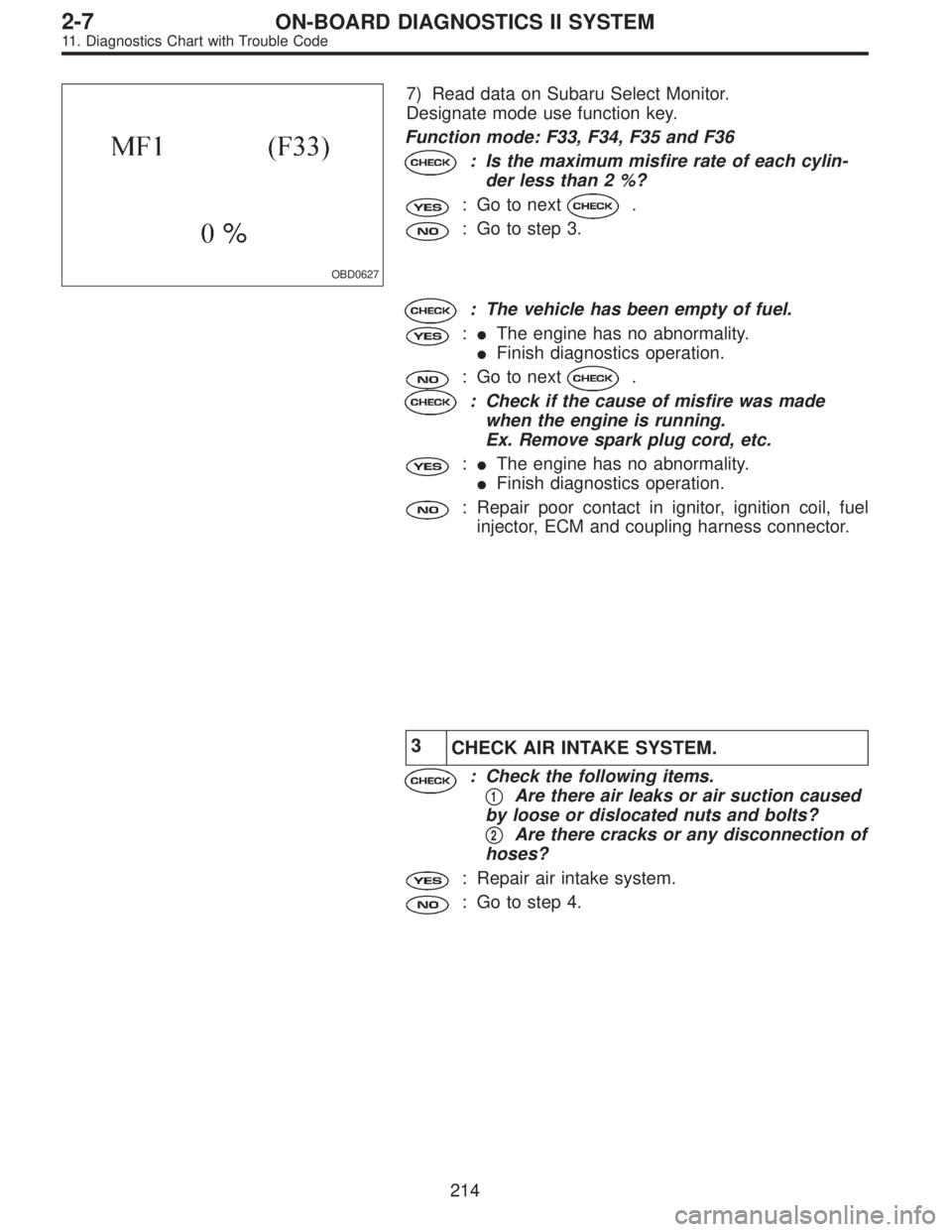 SUBARU LEGACY 1995  Service Repair Manual OBD0627
7) Read data on Subaru Select Monitor.
Designate mode use function key.
Function mode: F33, F34, F35 and F36
: Is the maximum misfire rate of each cylin-
der less than 2 %?
: Go to next.
: Go 