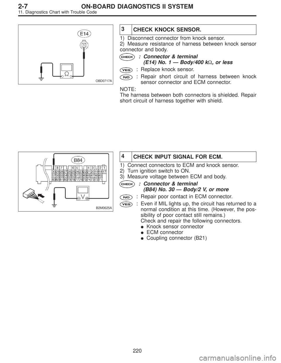 SUBARU LEGACY 1995  Service Repair Manual OBD0717A
3
CHECK KNOCK SENSOR.
1) Disconnect connector from knock sensor.
2) Measure resistance of harness between knock sensor
connector and body.
: Connector & terminal
(E14) No. 1—Body/400 kΩ, 