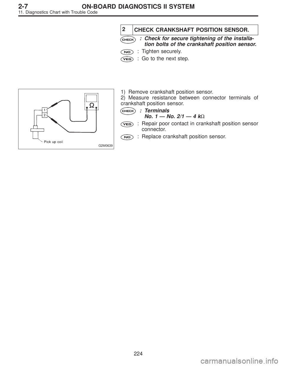 SUBARU LEGACY 1995  Service Repair Manual 2
CHECK CRANKSHAFT POSITION SENSOR.
: Check for secure tightening of the installa-
tion bolts of the crankshaft position sensor.
: Tighten securely.
: Go to the next step.
G2M0639
1) Remove crankshaft