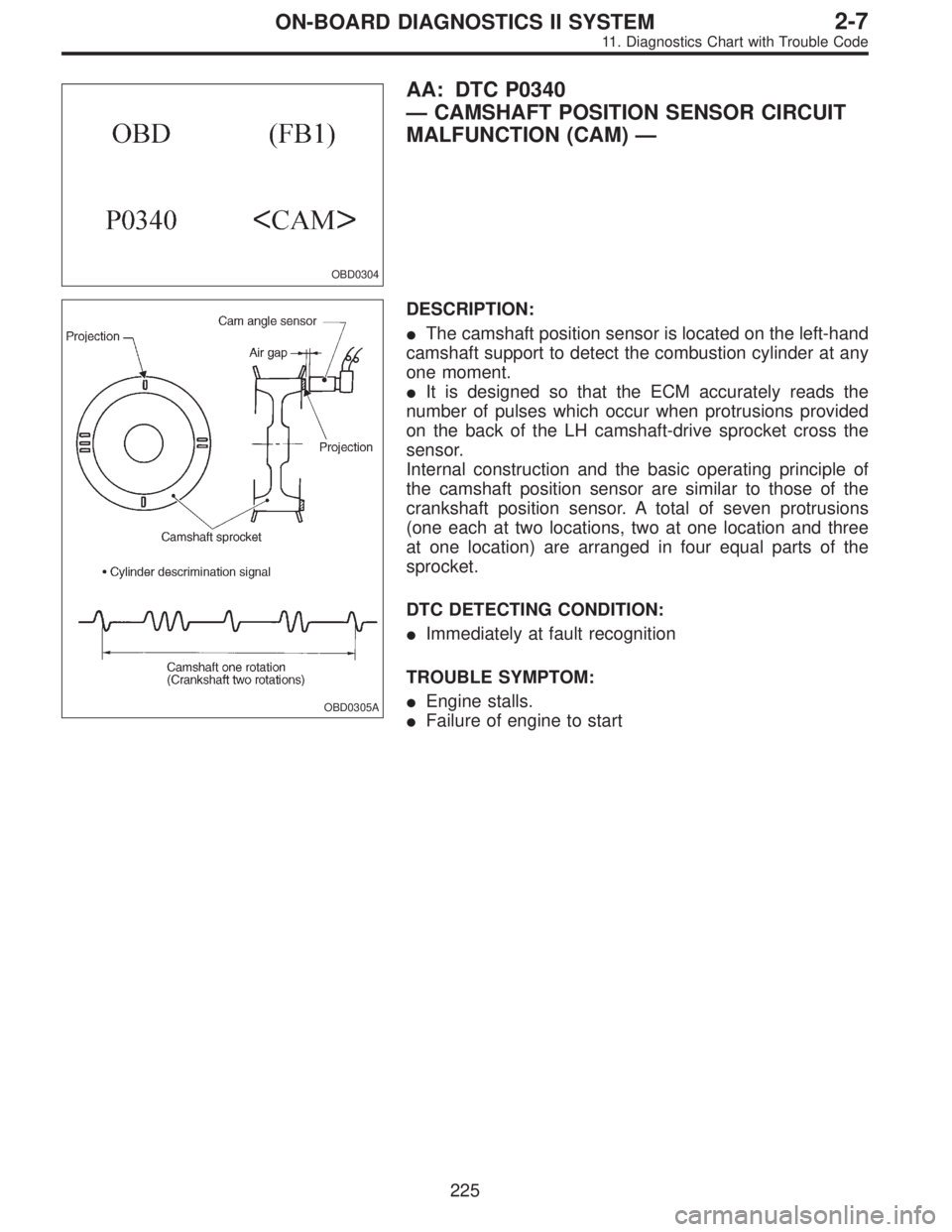 SUBARU LEGACY 1995  Service Repair Manual OBD0304
AA: DTC P0340
—CAMSHAFT POSITION SENSOR CIRCUIT
MALFUNCTION (CAM)—
OBD0305A
DESCRIPTION:
The camshaft position sensor is located on the left-hand
camshaft support to detect the combustion