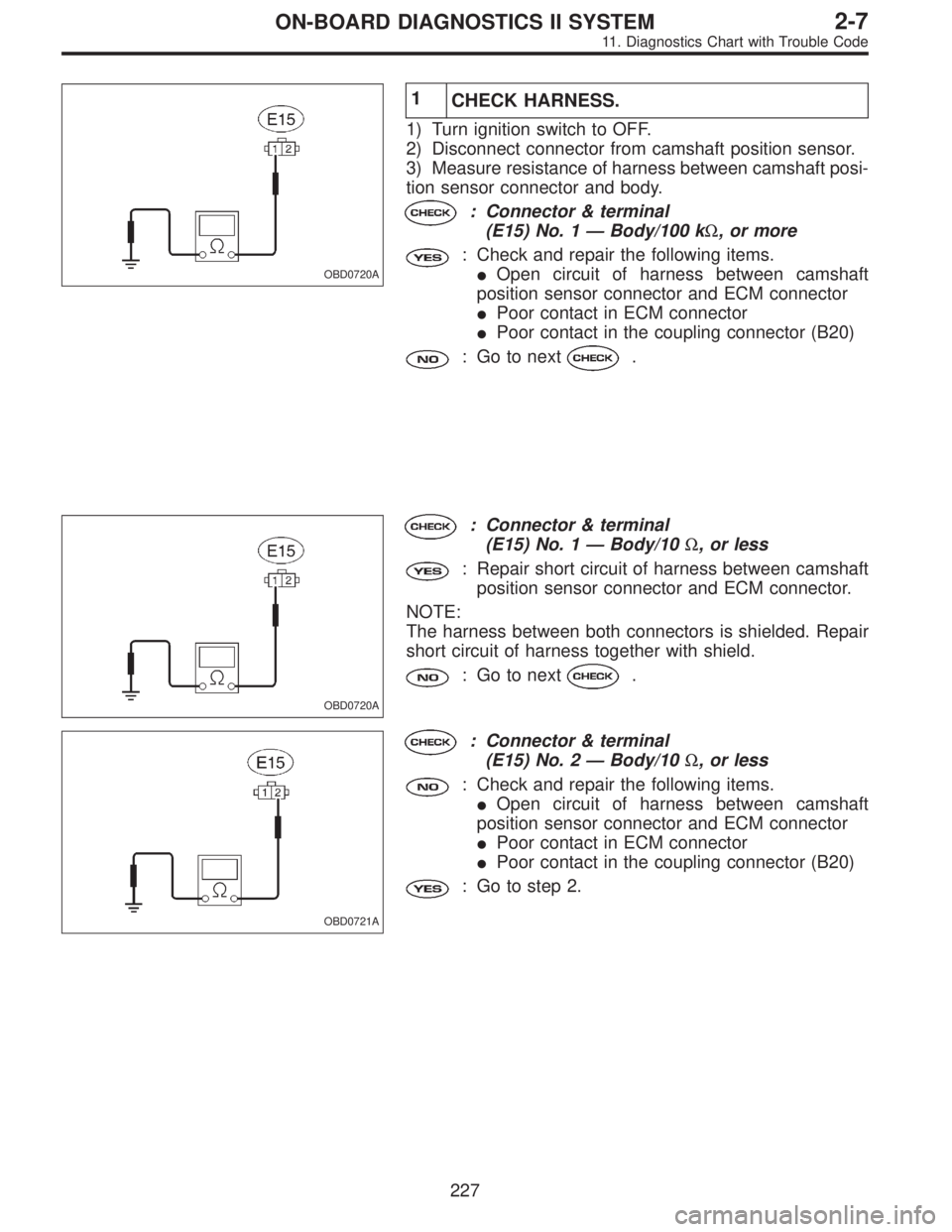 SUBARU LEGACY 1995 Service Repair Manual OBD0720A
1
CHECK HARNESS.
1) Turn ignition switch to OFF.
2) Disconnect connector from camshaft position sensor.
3) Measure resistance of harness between camshaft posi-
tion sensor connector and body. SUBARU LEGACY 1995 Service Repair Manual OBD0720A
1
CHECK HARNESS.
1) Turn ignition switch to OFF.
2) Disconnect connector from camshaft position sensor.
3) Measure resistance of harness between camshaft posi-
tion sensor connector and body.