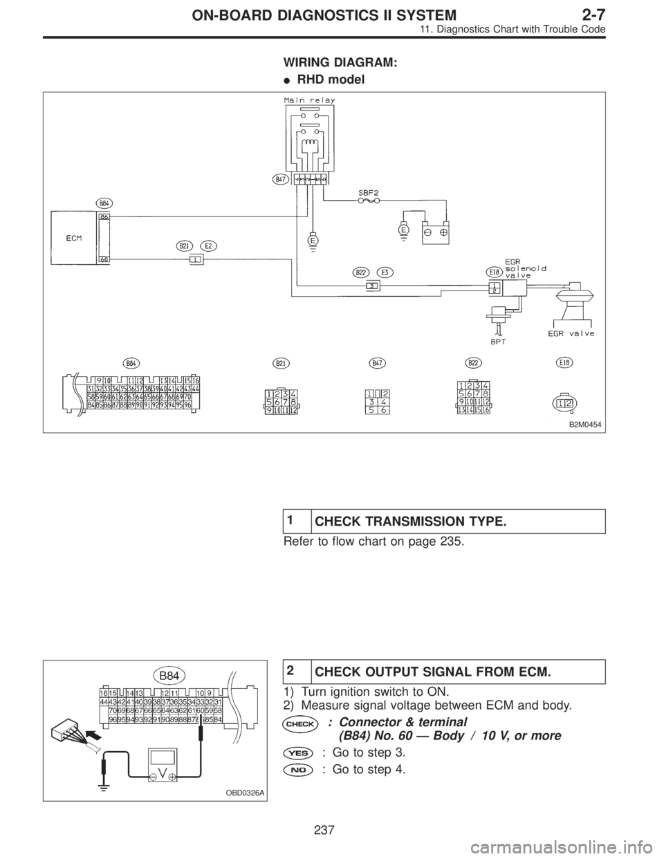 SUBARU LEGACY 1995  Service Repair Manual WIRING DIAGRAM:
RHD model
B2M0454
1
CHECK TRANSMISSION TYPE.
Refer to flow chart on page 235.
OBD0326A
2
CHECK OUTPUT SIGNAL FROM ECM.
1) Turn ignition switch to ON.
2) Measure signal voltage between
