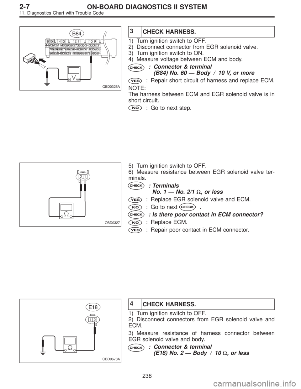 SUBARU LEGACY 1995  Service Repair Manual OBD0326A
3
CHECK HARNESS.
1) Turn ignition switch to OFF.
2) Disconnect connector from EGR solenoid valve.
3) Turn ignition switch to ON.
4) Measure voltage between ECM and body.
: Connector & termina