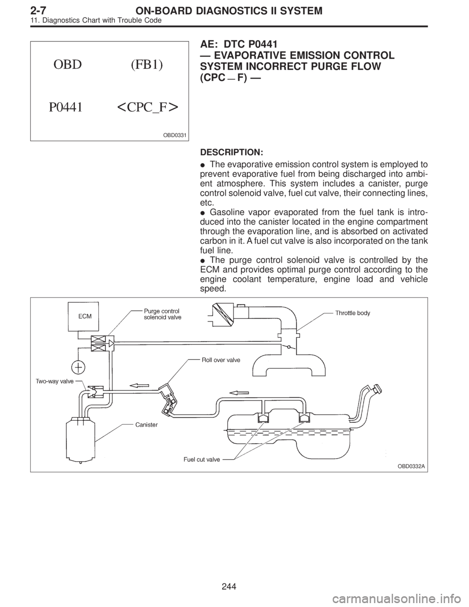 SUBARU LEGACY 1995  Service Repair Manual OBD0331
AE: DTC P0441
—EVAPORATIVE EMISSION CONTROL
SYSTEM INCORRECT PURGE FLOW
(CPC
—F)—
DESCRIPTION:
The evaporative emission control system is employed to
prevent evaporative fuel from being