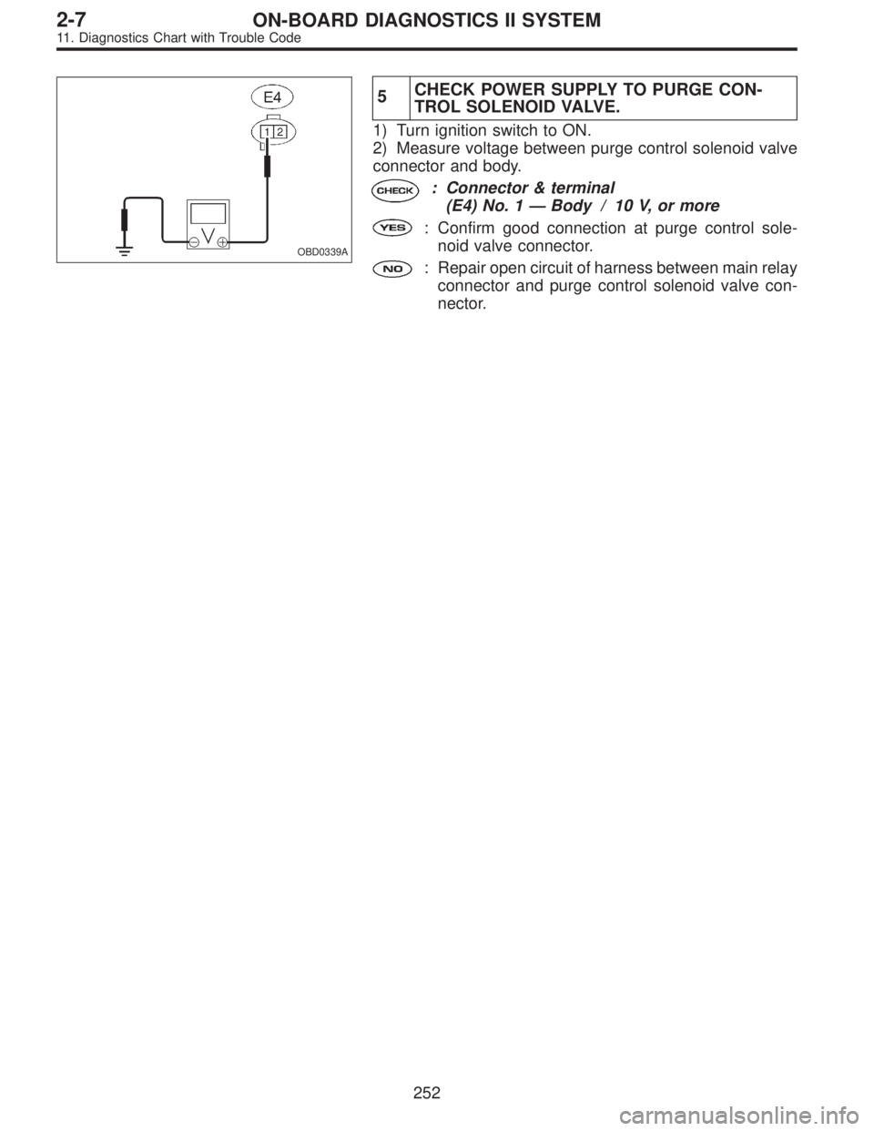 SUBARU LEGACY 1995  Service Repair Manual OBD0339A
5CHECK POWER SUPPLY TO PURGE CON-
TROL SOLENOID VALVE.
1) Turn ignition switch to ON.
2) Measure voltage between purge control solenoid valve
connector and body.
: Connector & terminal
(E4) N