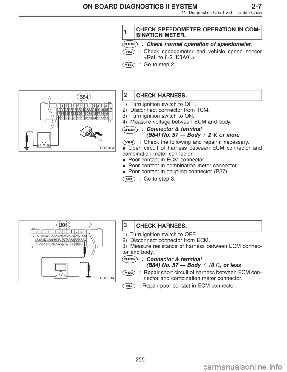 SUBARU LEGACY 1995  Service Repair Manual 1CHECK SPEEDOMETER OPERATION IN COM-
BINATION METER.
: Check normal operation of speedometer.
: Check speedometer and vehicle speed sensor
<Ref. to 6-2 [K3A0].>.
: Go to step 2.
OBD0349A
2
CHECK HARNE