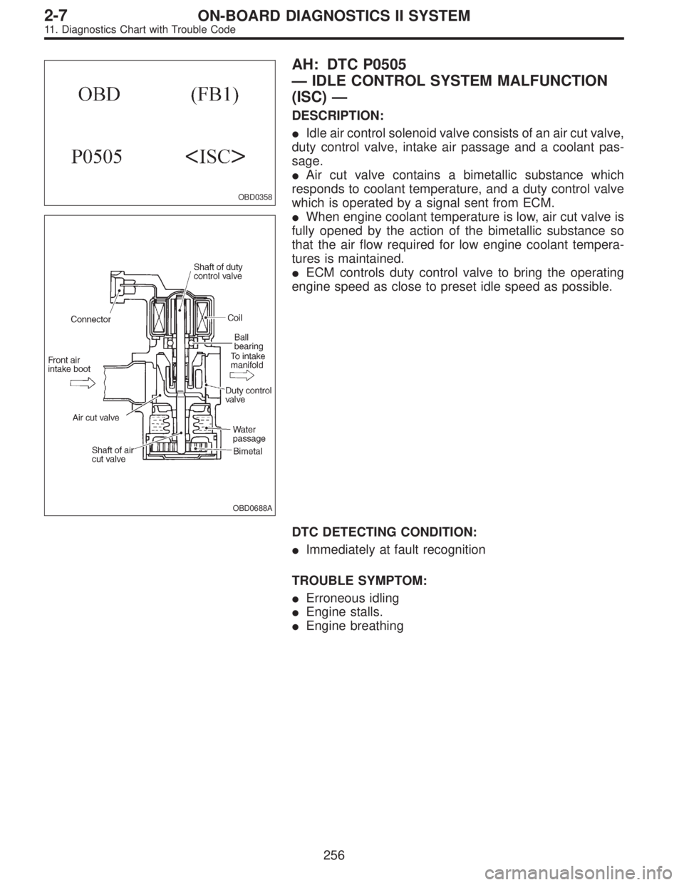 SUBARU LEGACY 1995  Service Repair Manual OBD0358
OBD0688A
AH: DTC P0505
—IDLE CONTROL SYSTEM MALFUNCTION
(ISC)—
DESCRIPTION:
Idle air control solenoid valve consists of an air cut valve,
duty control valve, intake air passage and a cool