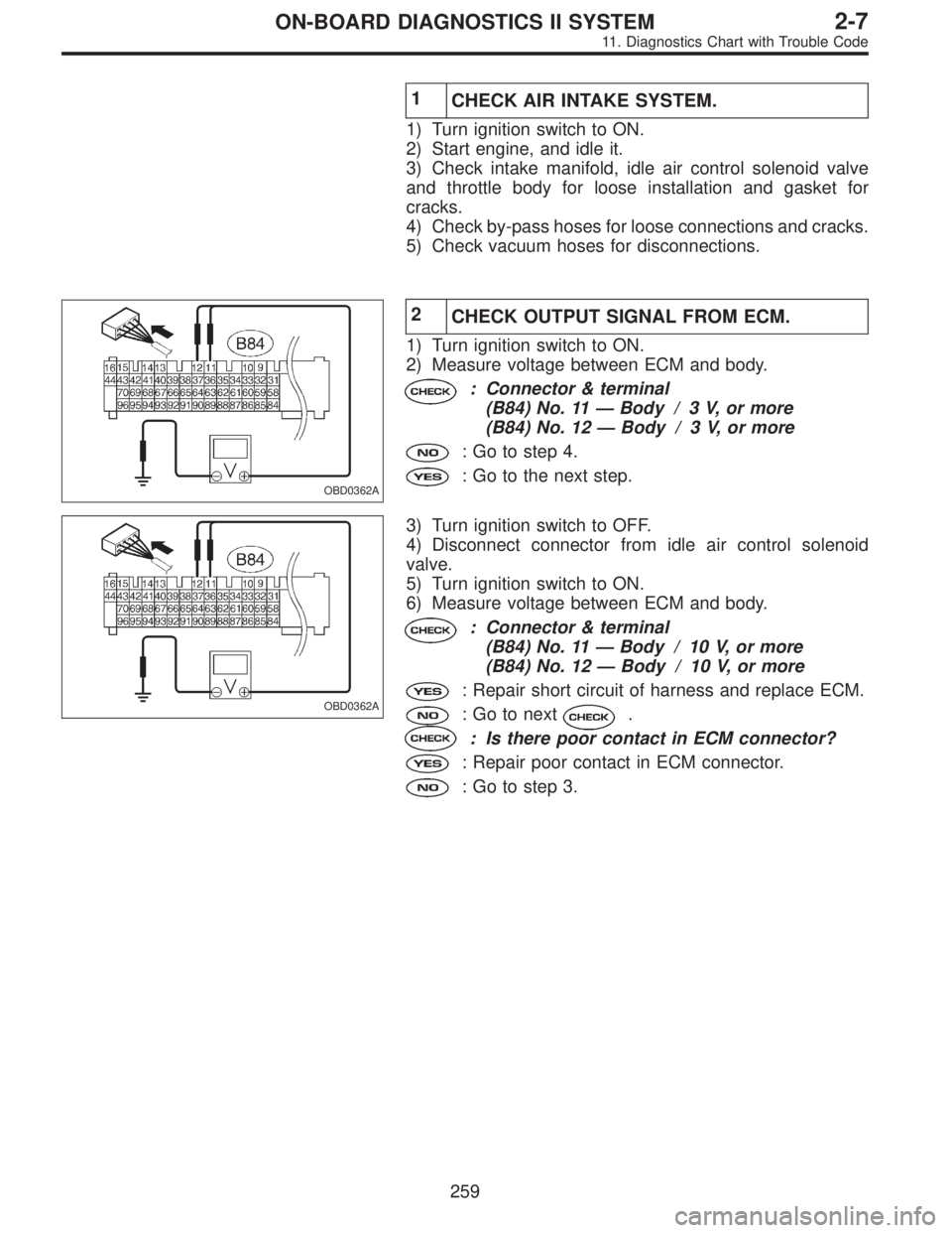 SUBARU LEGACY 1995 Service Repair Manual 1
CHECK AIR INTAKE SYSTEM.
1) Turn ignition switch to ON.
2) Start engine, and idle it.
3) Check intake manifold, idle air control solenoid valve
and throttle body for loose installation and gasket fo SUBARU LEGACY 1995 Service Repair Manual 1
CHECK AIR INTAKE SYSTEM.
1) Turn ignition switch to ON.
2) Start engine, and idle it.
3) Check intake manifold, idle air control solenoid valve
and throttle body for loose installation and gasket fo