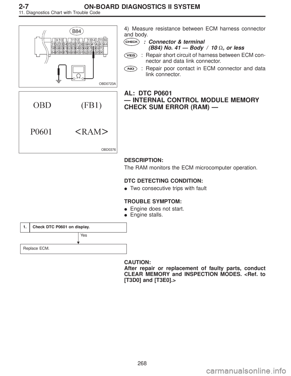 SUBARU LEGACY 1995  Service Repair Manual OBD0723A
4) Measure resistance between ECM harness connector
and body.
: Connector & terminal
(B84) No. 41—Body / 10Ω, or less
: Repair short circuit of harness between ECM con-
nector and data li