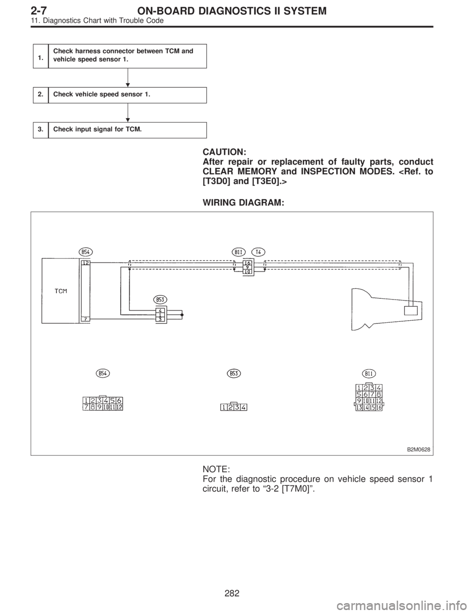SUBARU LEGACY 1995  Service Repair Manual 1.Check harness connector between TCM and
vehicle speed sensor 1.
2.Check vehicle speed sensor 1.
3.Check input signal for TCM.
CAUTION:
After repair or replacement of faulty parts, conduct
CLEAR MEMO