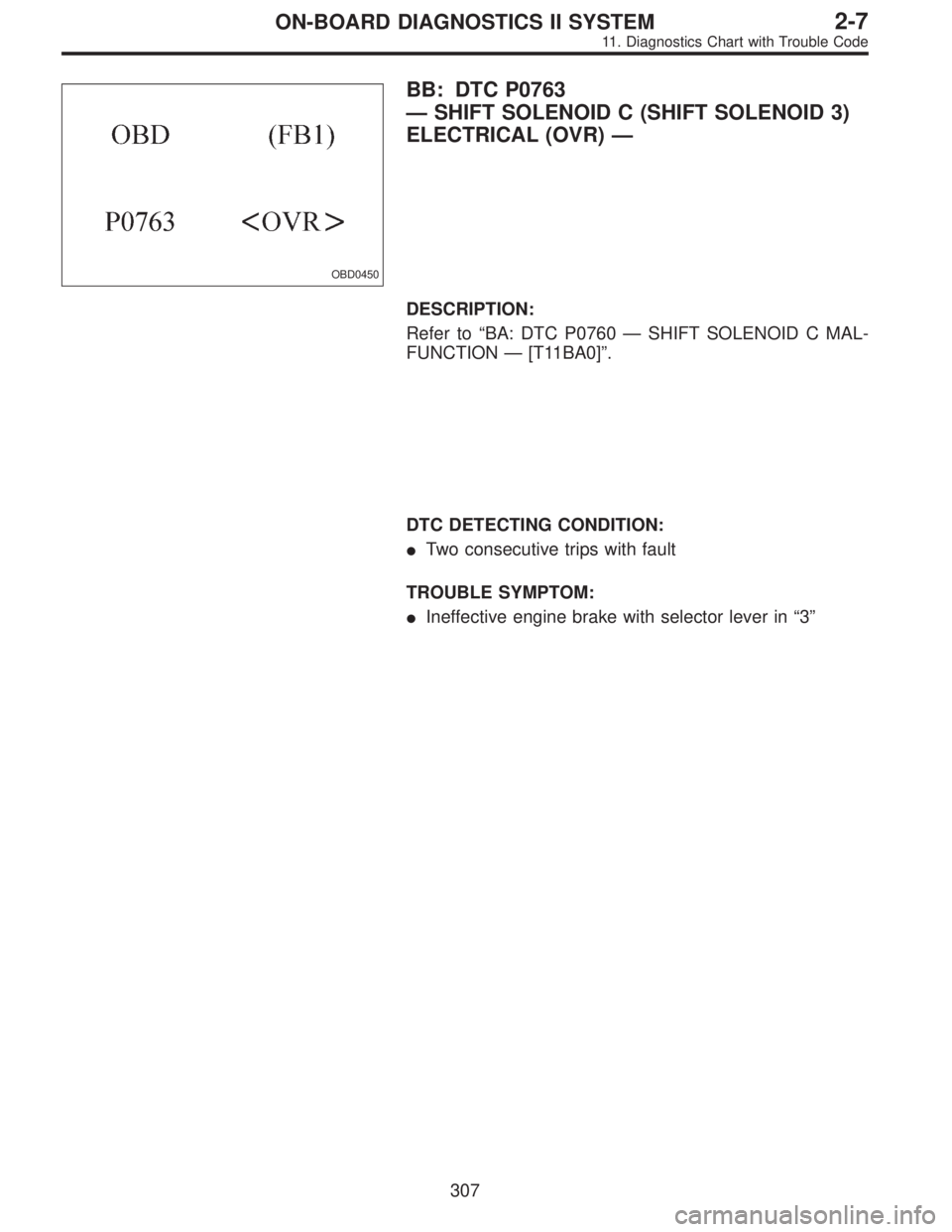 SUBARU LEGACY 1995  Service Repair Manual OBD0450
BB: DTC P0763
—SHIFT SOLENOID C (SHIFT SOLENOID 3)
ELECTRICAL (OVR)—
DESCRIPTION:
Refer to“BA: DTC P0760—SHIFT SOLENOID C MAL-
FUNCTION—[T11BA0]”.
DTC DETECTING CONDITION:
Two con