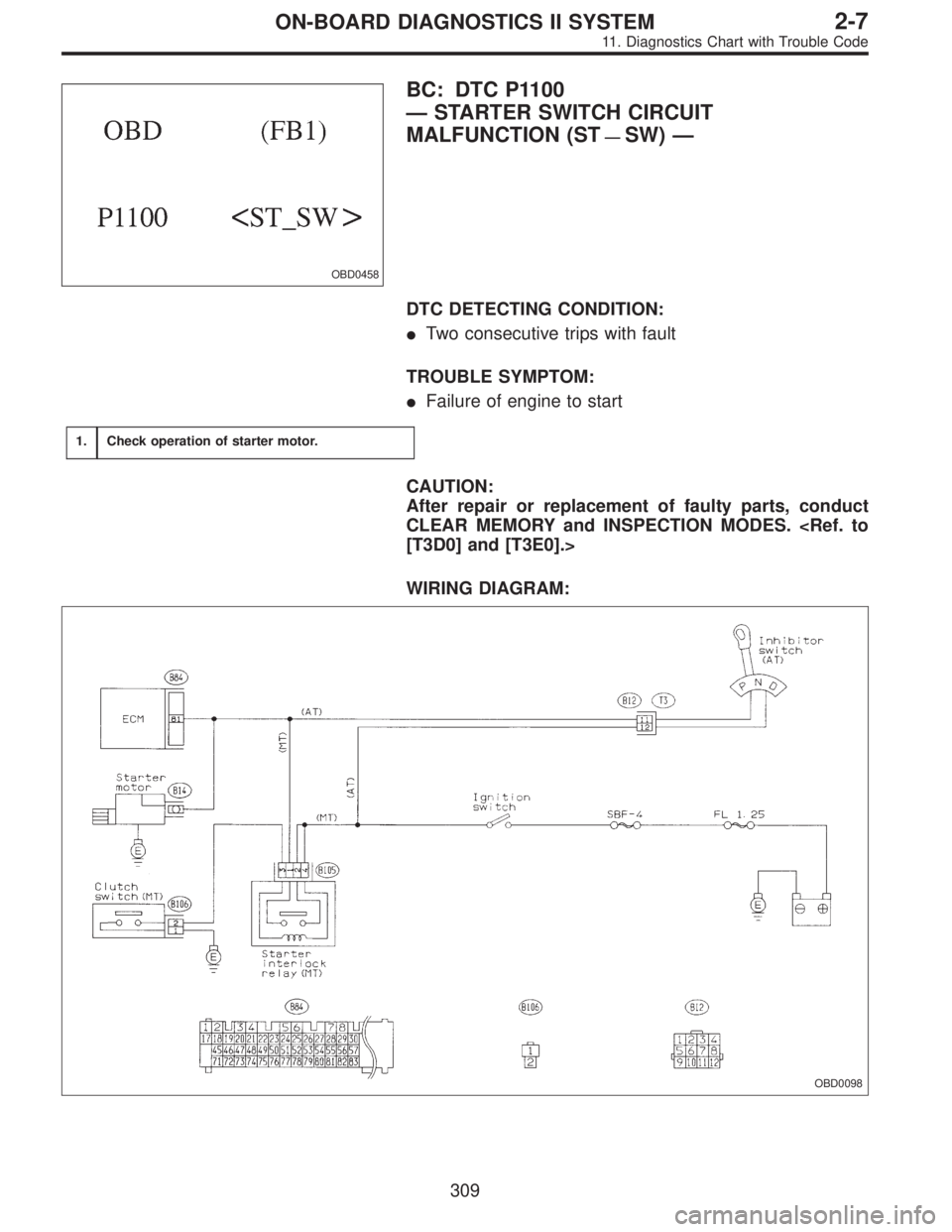 SUBARU LEGACY 1995  Service Repair Manual OBD0458
BC: DTC P1100
—STARTER SWITCH CIRCUIT
MALFUNCTION (ST
—SW)—
DTC DETECTING CONDITION:
Two consecutive trips with fault
TROUBLE SYMPTOM:
Failure of engine to start
1.Check operation of s