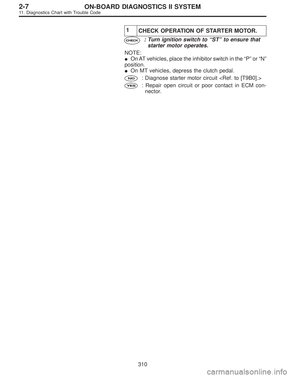 SUBARU LEGACY 1995  Service Repair Manual 1
CHECK OPERATION OF STARTER MOTOR.
: Turn ignition switch to“ST”to ensure that
starter motor operates.
NOTE:
On AT vehicles, place the inhibitor switch in the“P”or“N”
position.
On MT ve