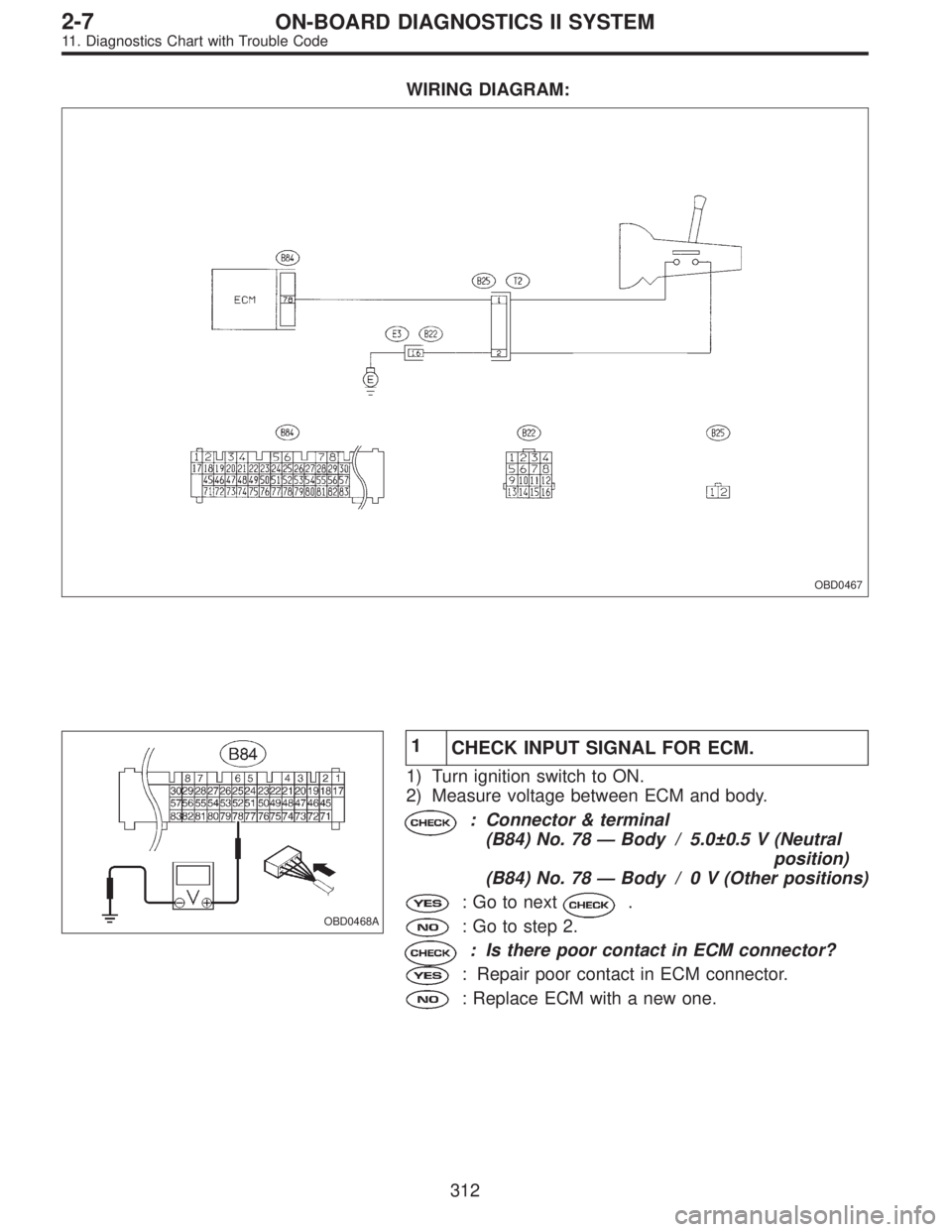 SUBARU LEGACY 1995  Service Repair Manual WIRING DIAGRAM:
OBD0467
OBD0468A
1
CHECK INPUT SIGNAL FOR ECM.
1) Turn ignition switch to ON.
2) Measure voltage between ECM and body.
: Connector & terminal
(B84) No. 78—Body / 5.0±0.5 V (Neutral
